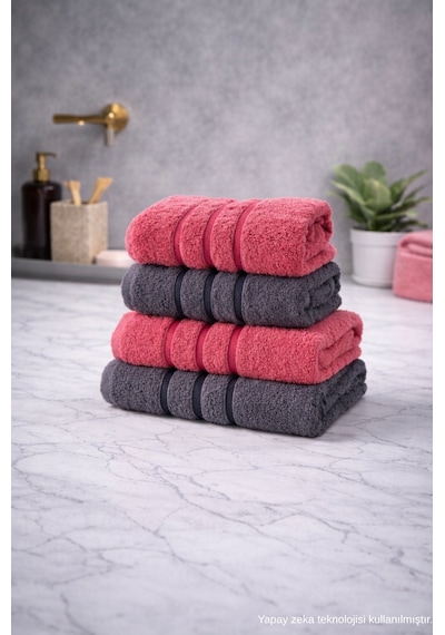 4'lü Pamuklu Banyo Havlu Seti 70x140-50x70 Antrasit - Pembe
