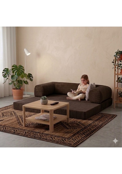 Herev 160x80 Sünger Koltuk İki Kişilik Kanepe Yataklı Yıkanabilir Kadife Kumaşlı Kahve