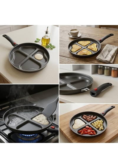 Papilla Redio Romantik 24 Cm Kalpli Pankek Ve Omlet Tavası - 4 Gözlü, Çıkarılabilir Saplı Yanmaz Yapışmaz Bölmeli Tava Çok Renkli