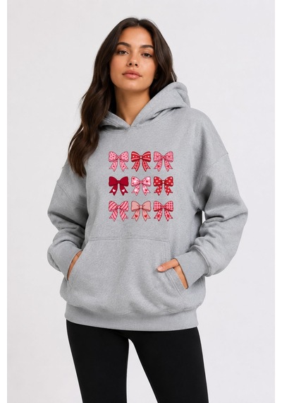 Herkesemoda Kurdele Baskılı Kapüşonlu 2 İplik Şardonlu Sweatshirt Gri