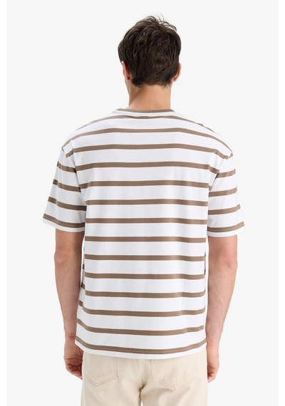 Defacto Boxy Fit Bisiklet Yaka Çizgili Kısa Kollu Tişört E1160ax25aubn571 Kahve