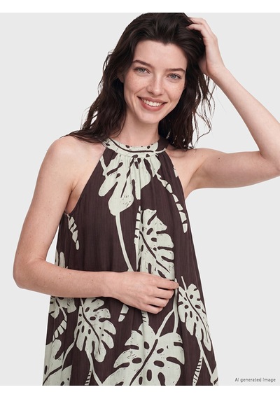 Lcw Comfort Kahverengi Halter Yaka Desenli Pileli Elbise