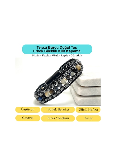 Sertifikalı Terazi Burcu Disk Model Doğal Taş Erkek Bileklik Mıknatıslı Kilit Çok Renkli