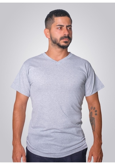Lukitus Pamuklu V Yaka Kısa Kol Erkek T-shirt Gri