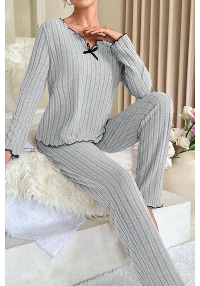 Moda Dua Kadın Gri Çizgili Uzun Kollu Fiyonk Detaylı Pijama Takımı Rahat Mevsimlik