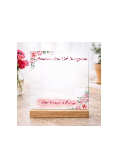 Kişiye Özel Anneler Günü Fotoğraflı Pleksi & Cam Tablo 20x20 Cm Ahşap Ayaklı