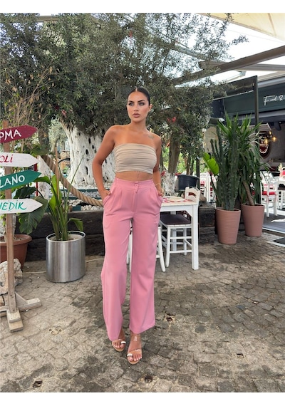 WeShaya Pudra Likralı Palazzo Pantolon Pudra