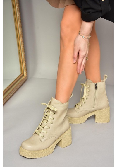 Fox Shoes T996533009 Bej Kalın Topuklu Kadın Bot Bej-suni Deri Bej