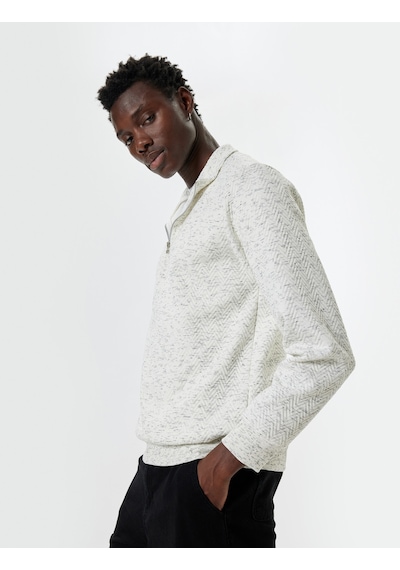 Koton Yarım Fermuarlı Sweatshirt Dokulu Pamuklu Beyaz 5wam70039mk Beyaz