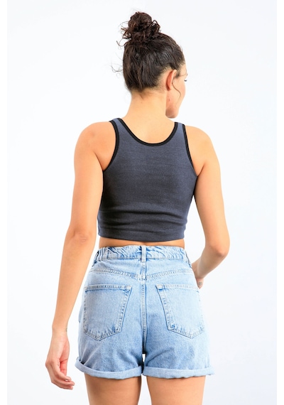 Tommy Life Lacivert Melanj Basic Sıfır Kol Dar Kalıp U Yaka Kadın Crop Top Atlet - 97162 Lacivert