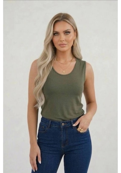 Hashtag Kadın Prenses Yaka Sıfır Kol Body Günlük Viskon Kumaş Haki