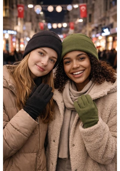 Polar Bere Seti 3 Lü Unisex Kadın Erkek Şapka Kışlık Çok Renkli