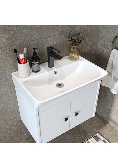 Ada Lavabolu Mat Suntalam Banyo Alt Dolabı 60 Cm Beyaz Mat Beyaz