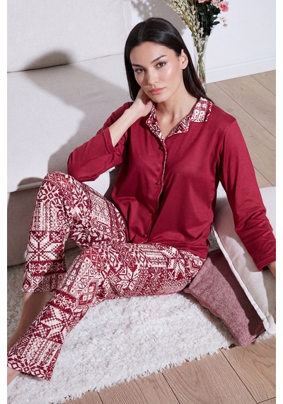 Lela Desenli Regular Fit Apaş Yaka Beli Lastikli Bol Paça Bayan Pijama Takımı 65714300 Bordo