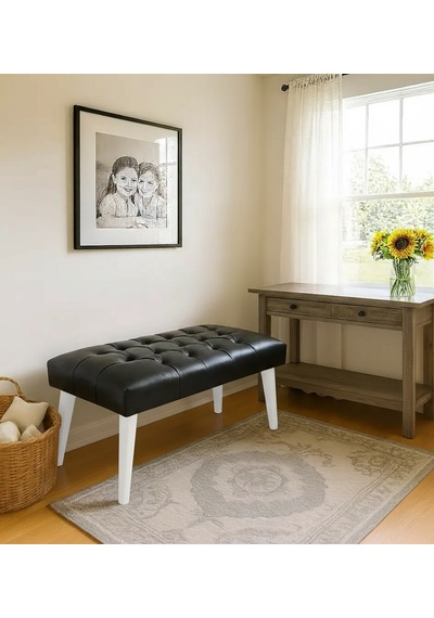 Waterybrook Bench Bank Puf - Suni Deri - Beyaz Ahşap Ayaklı - Retro Modern Tasarım & Dekoratif Sehpa Siyah