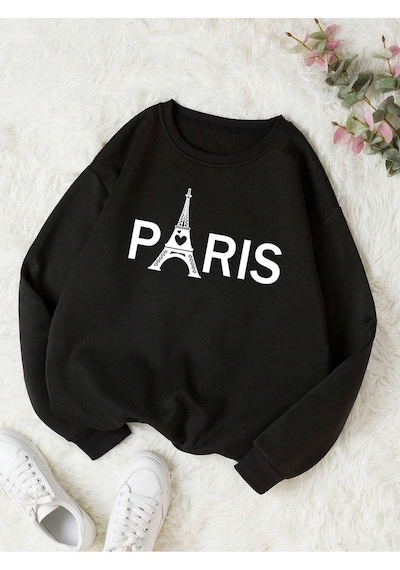 Paris Eyfel Sweatshirt - Siyah Baskılı Oversize Bisiklet Yaka Siyah