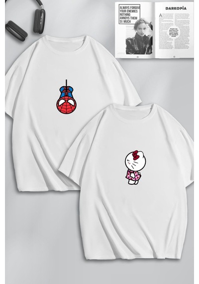 Unisex Kadın Erkek Hello Kitty Spiderman Baskılı Sevgili Çift Kombini Tasarım Oversize Tshirt 2'li Beyaz Mck0101 Beyaz