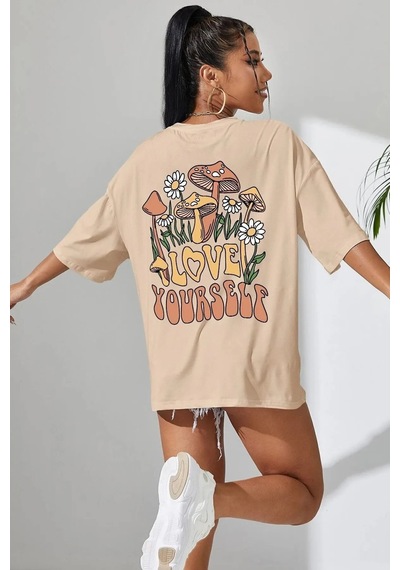 Uyguntarz Love Yourself Baskılı Bej Renkli T-shirt