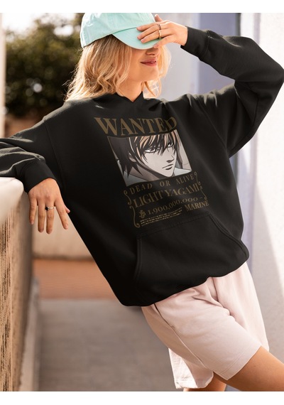 Sevbano Wanted Light Yagami Baskılı Unisex Oversize Anime Hoodie Siyah