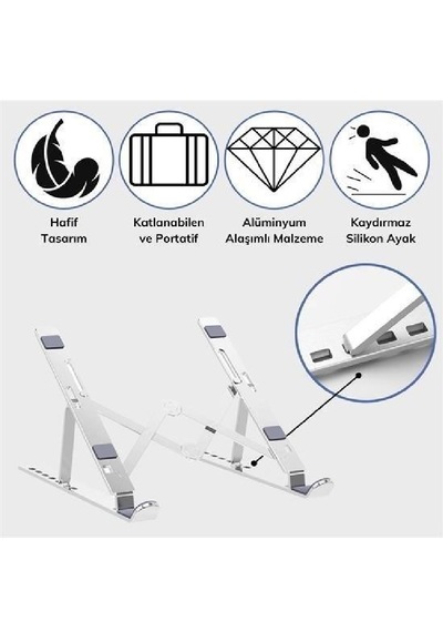 Alepera Electronic - Ayarlanabilir Laptop Standı - Alüminyum - 7 Kademeli - Gri Renk