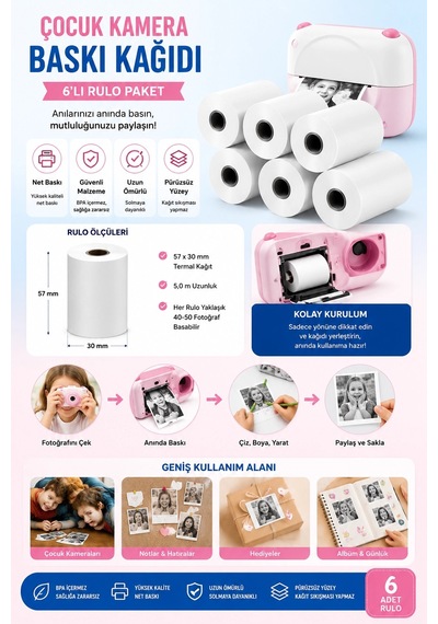 Çocuk Fotoğraf Makinesi Yedek Termal Baskı Kağıdı 6 Lı Rulo 57x25mm Çok Renkli