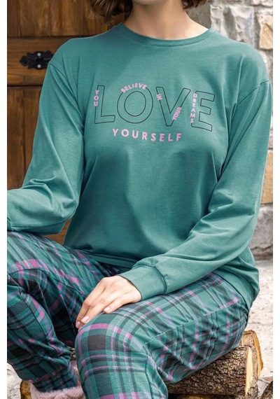 Aydoğan Kadın Pijama Takımı Uzun Kollu Pamuklu Mevsimlik Yeşil