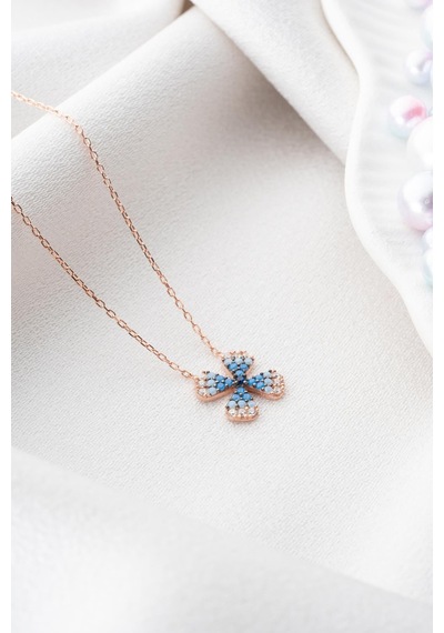 925 Ayar Gümüş Mavi Renk Geçişli Minimal Şans Yonca Kolye Rose Gold