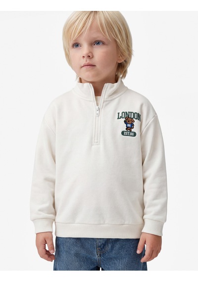 Koton Ayıcık Detaylı Yarım Fermuarlı Uzun Kollu Dik Yaka Oversize Sweatshirt Ekru 7wmb10066tk