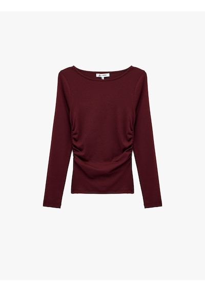 Koton Pamuklu Slim Fit Büzgülü Kayık Yaka Uzun Kollu Tişört Bordo 7wal10134ık
