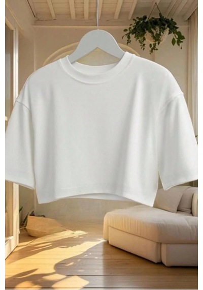 Kadın Beyaz Bisiklet Yaka Oversize Crop Tişört - %100 Pamuklu Basic Kısa Kol Beyaz