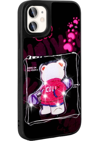 Apple Uyumlu iPhone 11 Kılıf Parlayan Kabartmalı İkonik Figürlü Klfs Amas Silikon Kapak - Pembe Pembe
