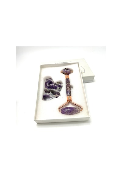 Yıldız Doğal Taş Sertifikalı Ametist Roller + Gua Sha Doğal Taş Masaj Aleti