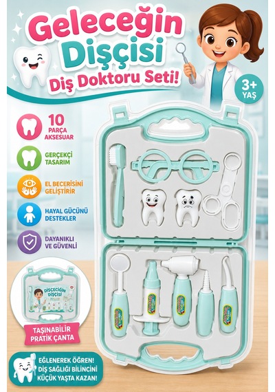 Eğitici Çantalı Oyuncak Dişçi Seti 10 Parça Kız Çocuk Diş Doktoru Oyun Seti 3+ Yaş 26655685