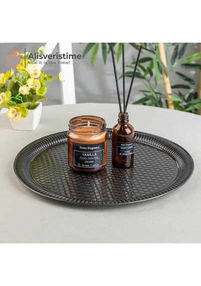 Osmanlı Tarzı Yuvarlak Dövme Metal Servis Tepsisi 30 Cm, 357 G, 5 Renk Seçeneği Antik Siyah