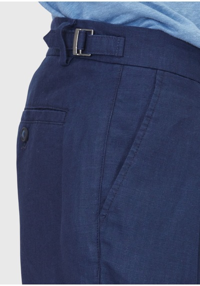 Ramsey Lacivert Düz Dokuma Carrot Fit Casual %100 Keten Bermuda