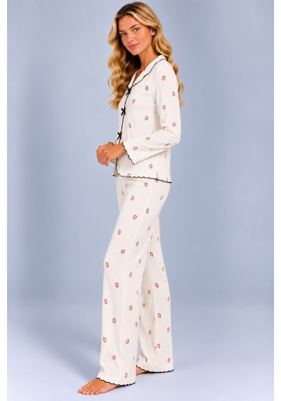 Pijamask Kadın Desenli Fiyonk Detaylı Düğmeli Uzun Kollu Müslin Pijama Takımı Ekru