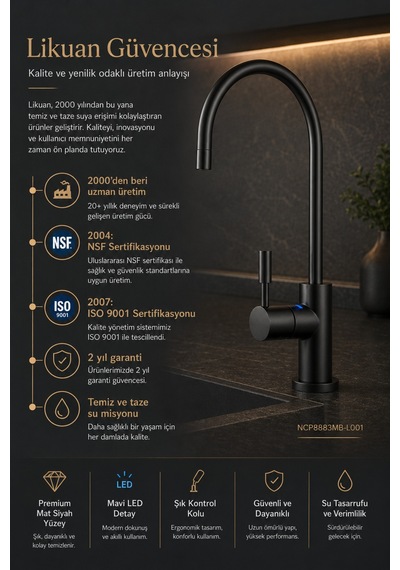 Likuan Ncp8883cp Premium Krom İçme Suyu Arıtma Musluğu Led Siz Kuğu Boyun Siyah