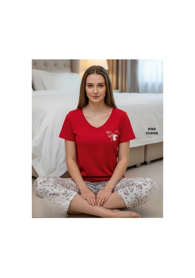 Mi Hra Mihra Kadın Viskon V Yaka Kısa Kol Kapri Likralı Pijama Takımı 40111k - 1 Adet Kırmızı