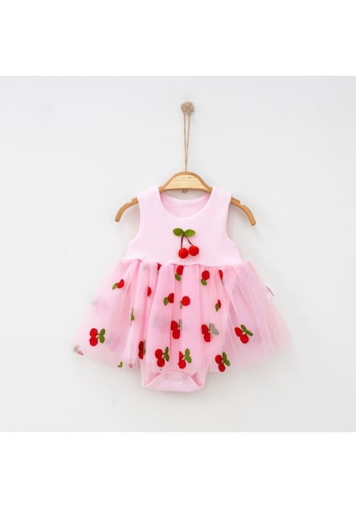 Bellamio Kids Kiraz Nakışlı Kız Bebek Tütülü Zıbın Elbise Pembe