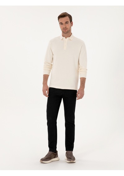 Ekru Regular Fit %100 Pamuk 3 İplik Polo Yaka Sweatshirt Bej
