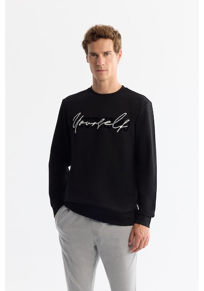Avva Erkek Siyah Bisiklet Yaka Pamuklu Baskılı Elastan Regular Fit Sweatshirt A42y1258