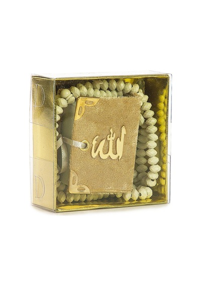 Kadife Kaplı Mini Kuran Kutulu - Tesbihli - Gold
