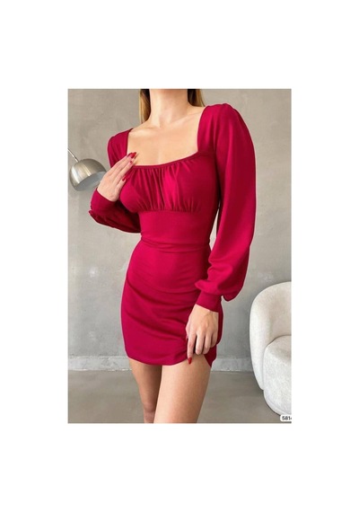 DefyModa Kadın Minimal Krep Kumaş Kare Yaka Uzun Kollu Elbise Bordo