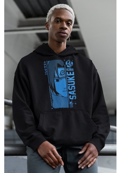 Sevbano Sasuke Uchiha Baskılı Unisex Oversize Naruto Anime Hoodie Siyah