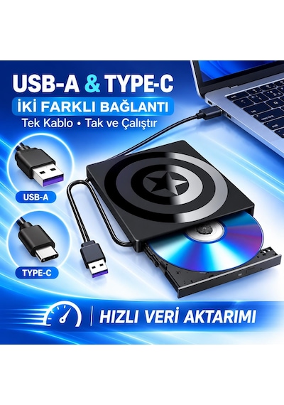 Valkyrie Harici Cd Dvd Okuyucu Yazıcı Usb 3.0 Type-c Hub Sd Tf Kart Okuyucu 4 Usb Portlu İnce Taşınabilir