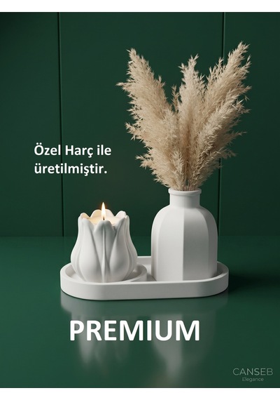 Üçlü Mumluk & Pampas Vazosu Dekoratif Obje Seti Tealight Mum Hediye 47703010