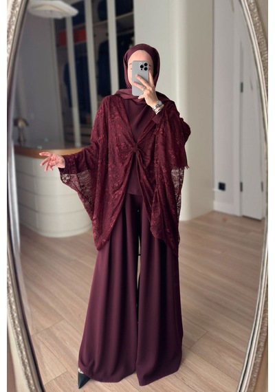 Ka Hijab Dantel Pelerin Detaylı 3'lü Takım - Bordo