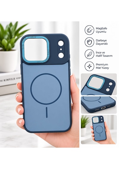 İphone 17promax Standlı Kamera Korumalı Silikon Mavi