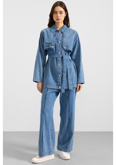 Olcay Pelerin Ve Metal Düğmeli Ceket Pantolon Denim İkili Takım Mavi 9393-tk
