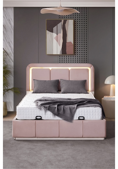 Demonte Baza Seti, Nox Ledli Çift Kişilik Baza Başlık Maxi Yatak Seti, Pembe - 160x200 Cm 160 x 200